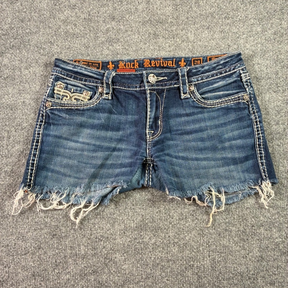 Rock Revival Marissa Boot Shorts Womens 29 Blue Frayed Sequin Cutoff Y2K
